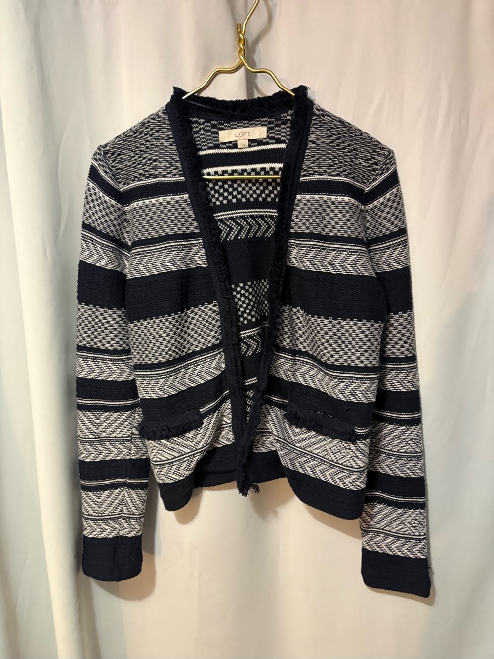 LOFT Navy and White Open-Front Fringed Knit Cardigan